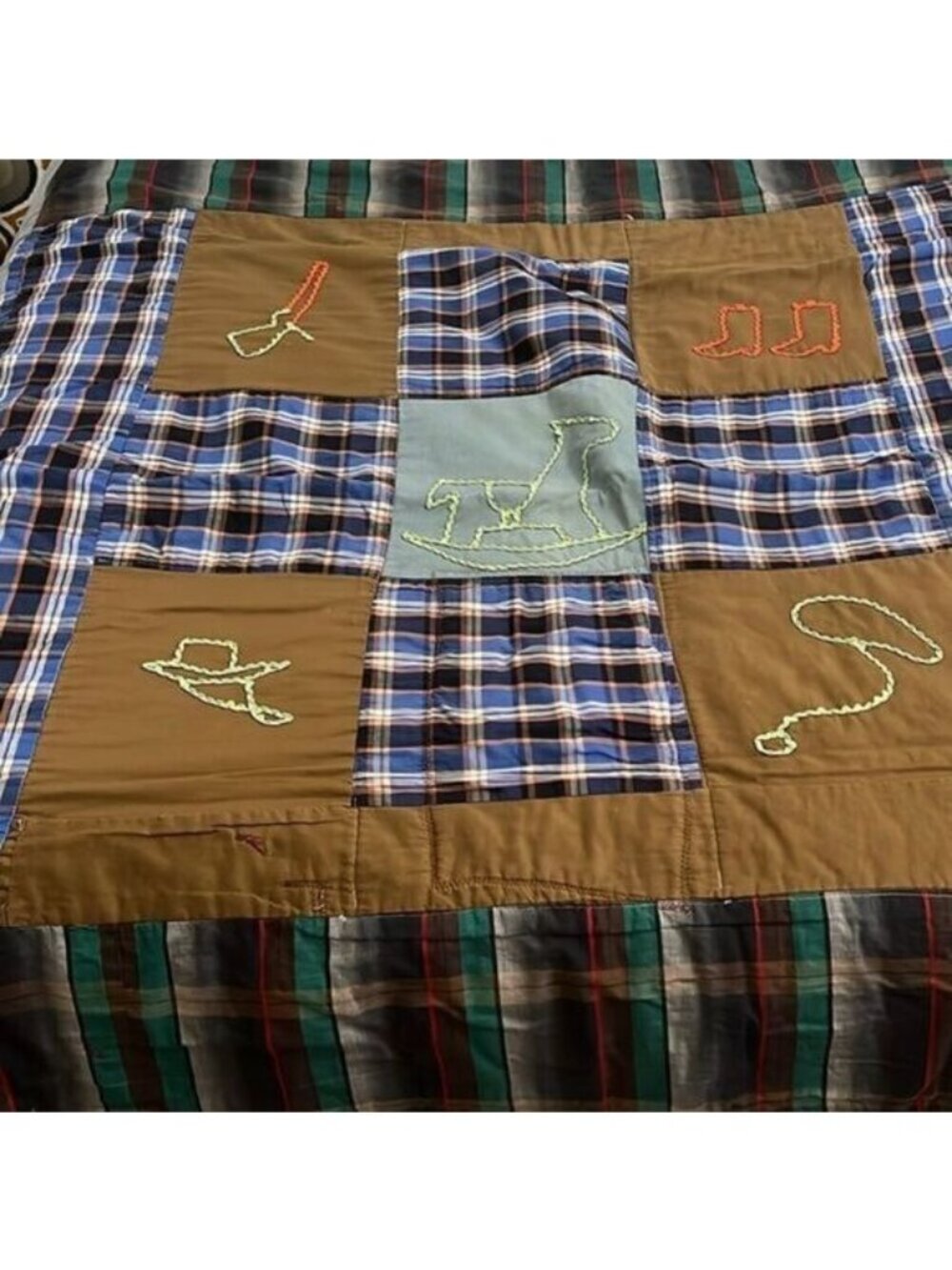 Handmade Plaid Squares Western Corduroy Squares Vintage Quilt 25 In x 54 In
